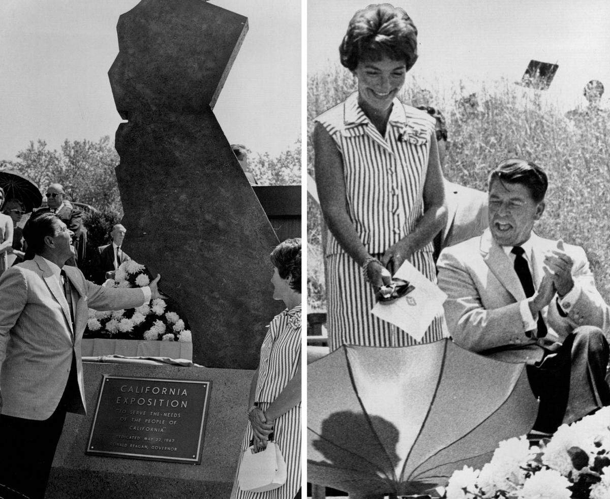 Left: Then-Gov. Ronald Reagan touches a cutout map of California during the dedication ceremonies for the Cal Expo and State Fair site in 1967. Right: Ronald laughs heartily when Nancy finds her hands full of sunglasses, a program and her umbrella as she is introduced to the crowd at the dedication ceremonies. The couple would return the next year for the first fair at the site.