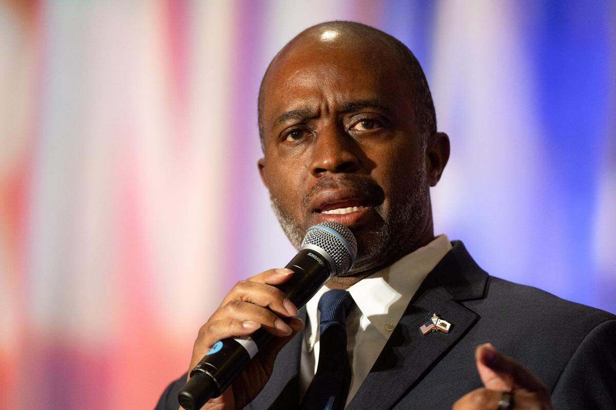 Superintendent of Public Instruction Tony Thurmond speaks during a gubernatorial candidate salon hosted by the California Federation of Labor Unions, AFL-CIO and the State Building and Construction Trades Council at the Sheraton Grand Hotel in Sacramento on Monday.
