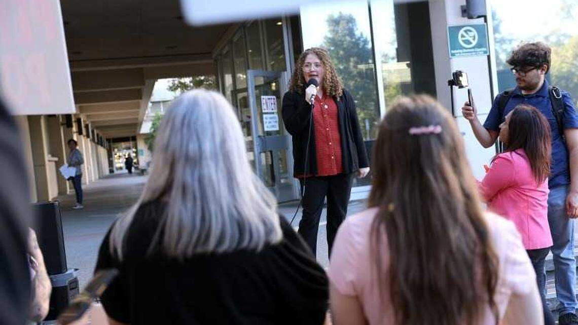 Zoe Rosenberg speaks to supporters in October outside the Hall of Justice after a guilty verdict was delivered in her felony conspiracy trial in Santa Rosa.