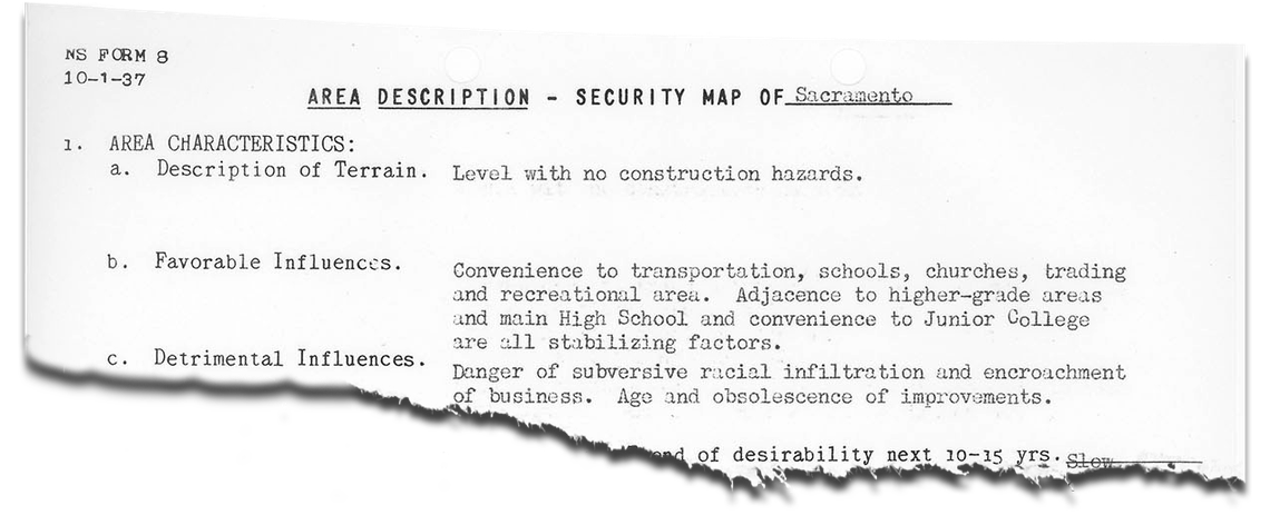 A portion of a 1937 area description for Oak Park shows the Home Owners Loan Corporation’s description of a “danger of subversive racial infiltration.”