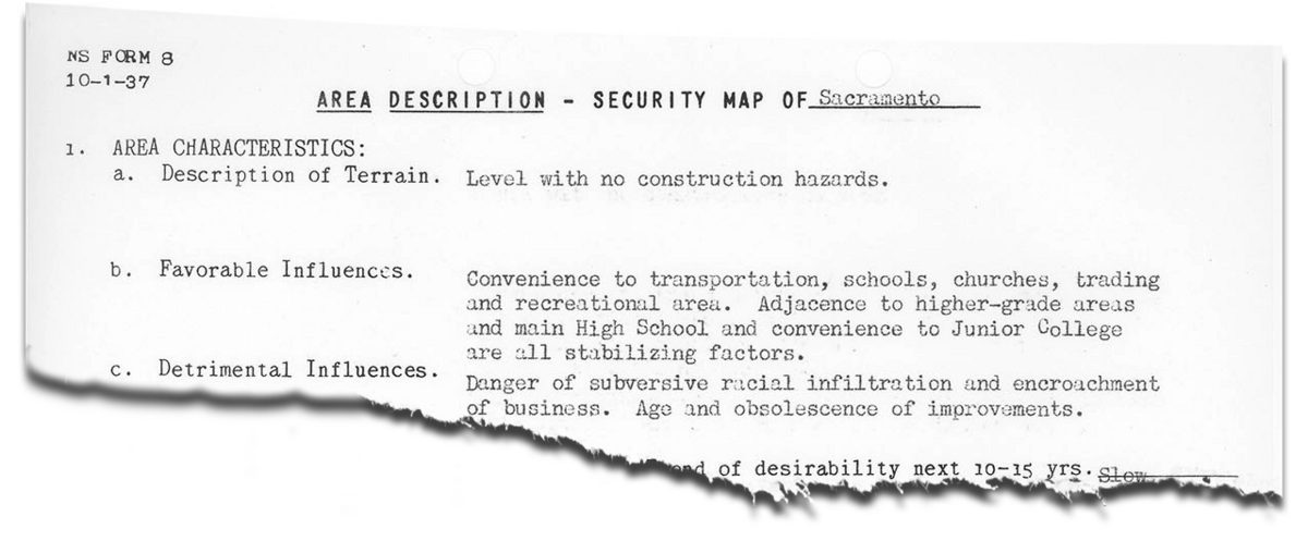 A portion of a 1937 area description for Oak Park shows the Home Owners Loan Corporation’s description of a “danger of subversive racial infiltration.”