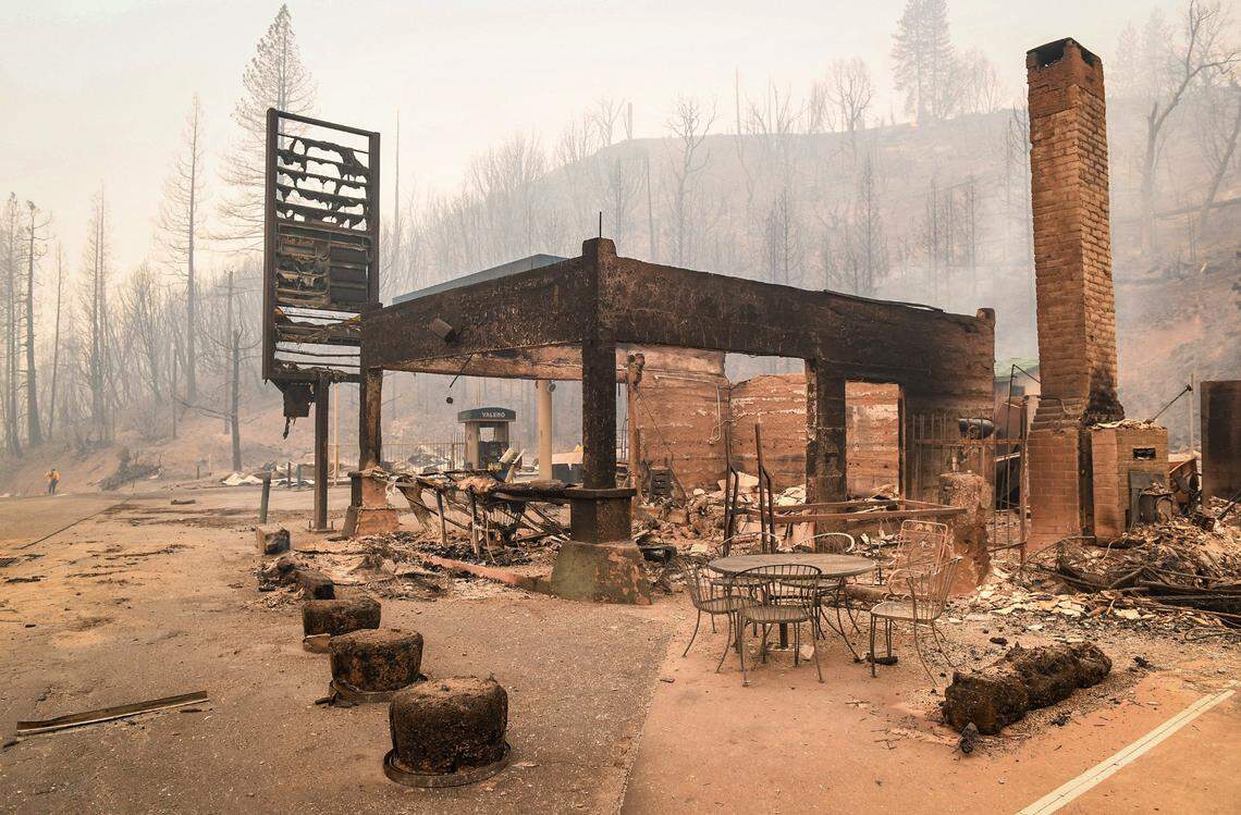 Cressman’s General Store and gas station at the top of the four lane on Highway 168 and west of Shaver Lake appears in ruins after the Creek Fire swept through the area in September.