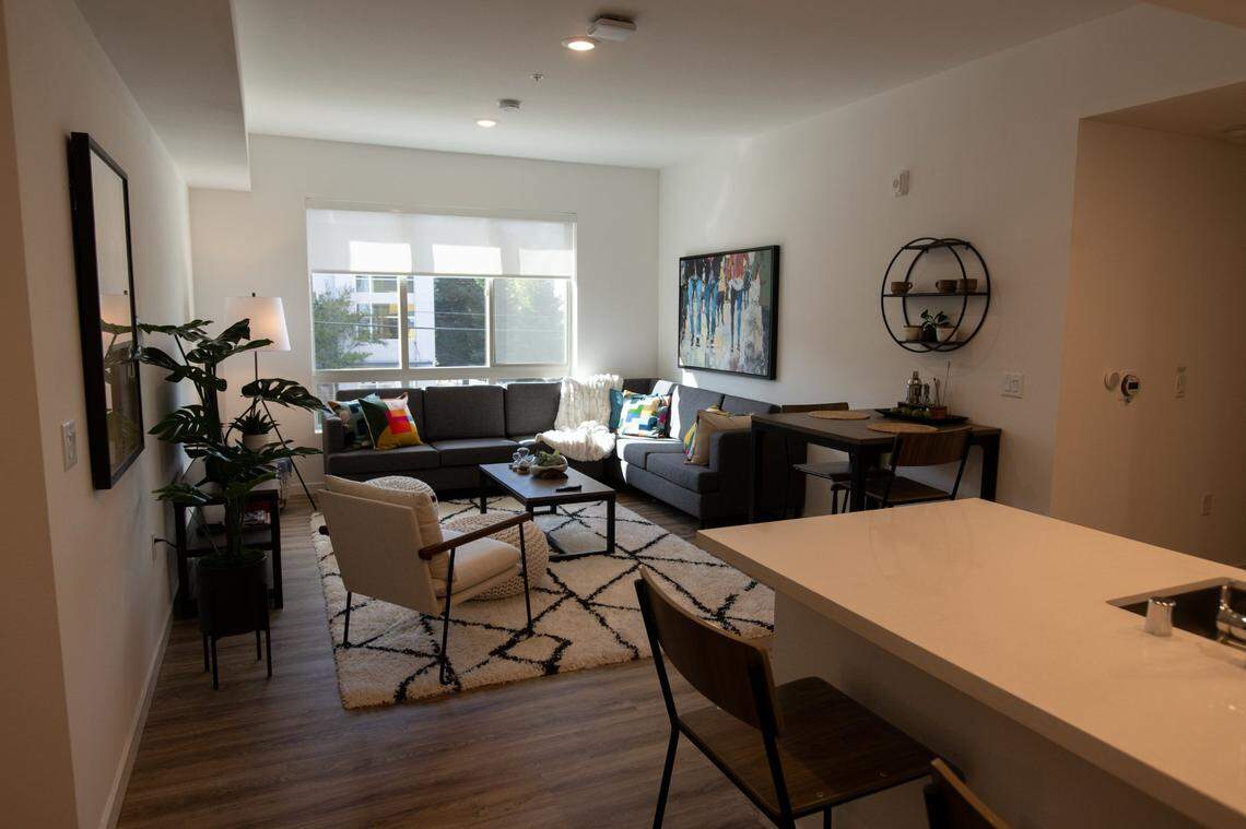 A living room in the Wexler, a new student apartment building located next to Sacramento Regional Transit’s University/65th Street light rail and bus station in East Sacramento. The building’s 223 units will house more than 700 students.