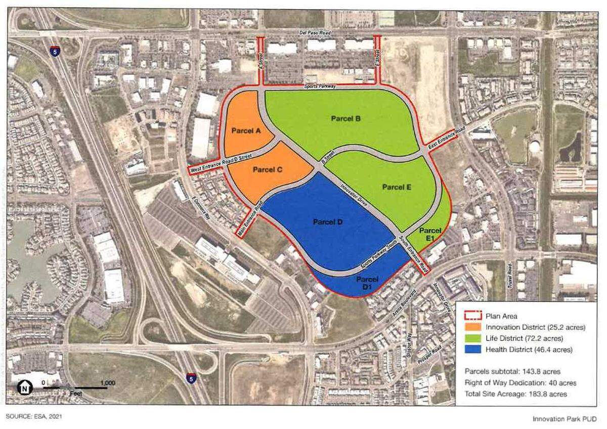 The Sacramento City Council will vote Tuesday, April 30, 2024, on a term sheet for Innovation Park — a 183-acre mixed use development that will include a California Northstate University teaching hospital, housing, park space and commercial real estate —that will occupy the former site of Arco Arena in North Natomas.
