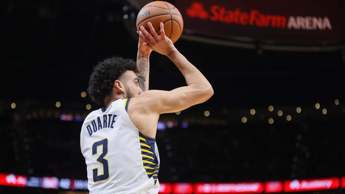 Indiana Pacers guard Chris Duarte (3) shoots against the Atlanta Hawks in the second quarter March 25, 2023, at State Farm Arena in Atlanta, Georgia.