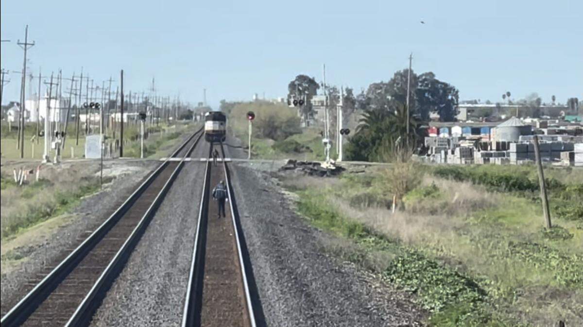 Amtrak Capitol Corridor Train 531 was stopped on railroad tracks south of Davis and north of Dixon, California, following a fatal incident involving a vehicle Tuesday morning, April 4, 2023.