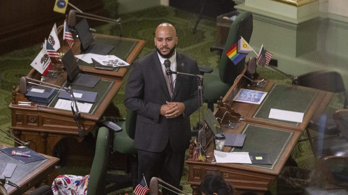 Assemblymember Isaac Bryan, D-Jefferson Park, speaks about his reparations bill on the Assembly floor on Friday, Sept. 12, 2025.