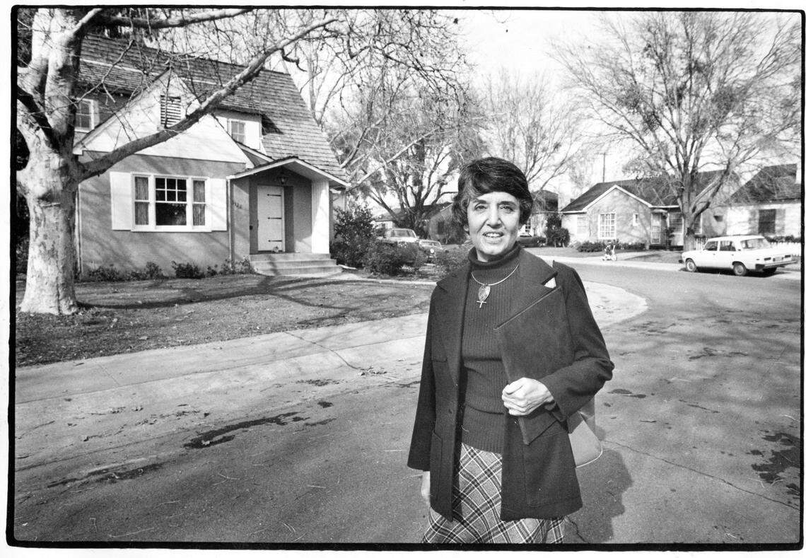 Councilwoman Anne Rudin stands on a street in Land Park, which is part of her district, on Jan. 17, 1979.