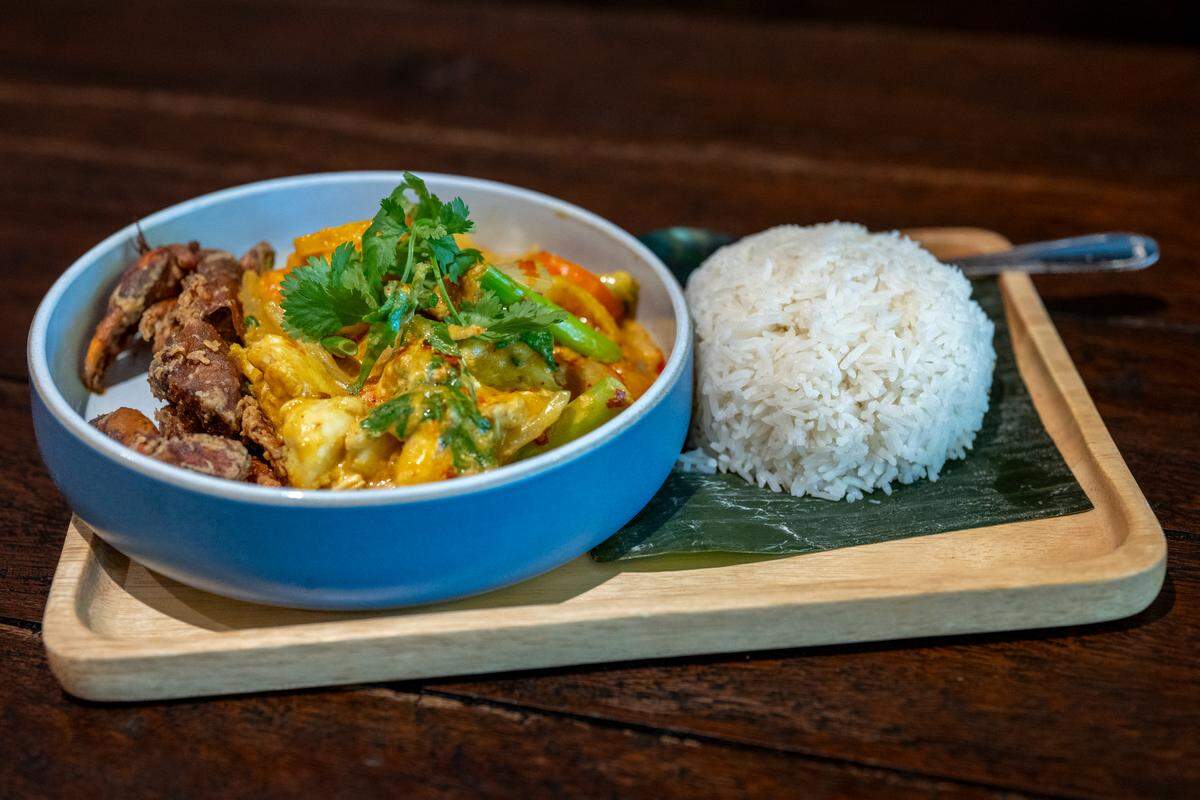 Crab Curry, a former special that was made a staple, sits on a plate in Kin Thai Street Eatery.