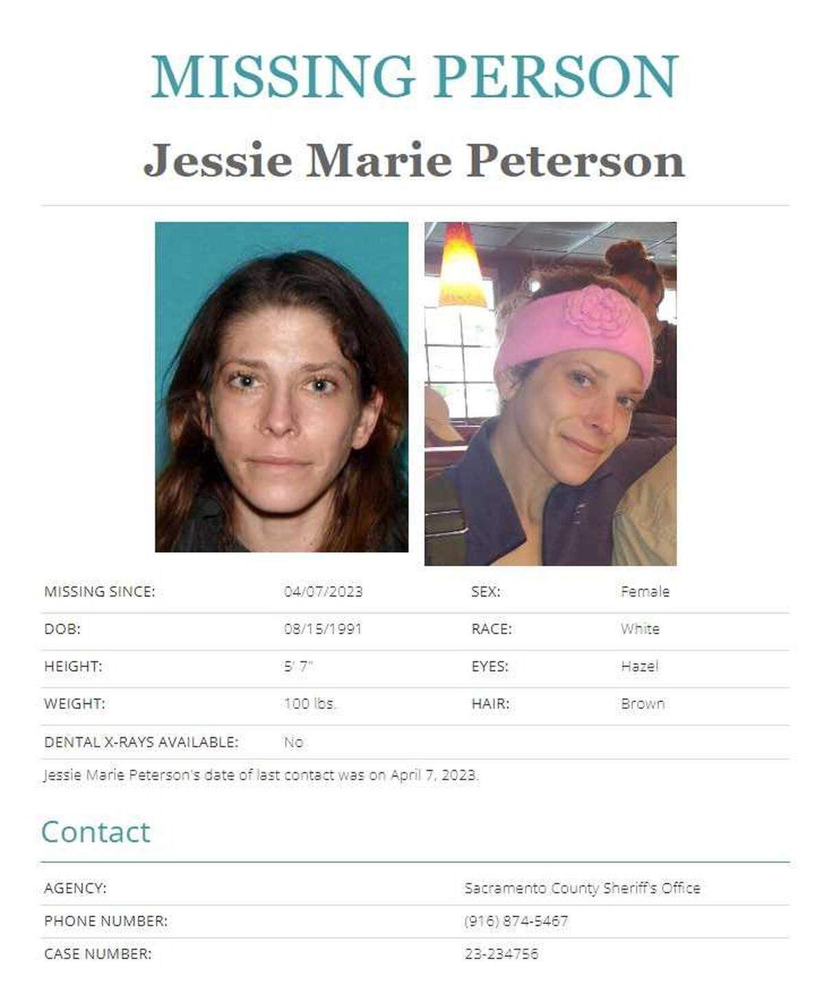 A missing person flyer circulated by family members following the disappearance of Jessie Peterson. Family members learned a year later that Peterson had died while hospitalized at Mercy San Juan hospital in Carmichael. The family is suing the hospital and its operators for $15 million.