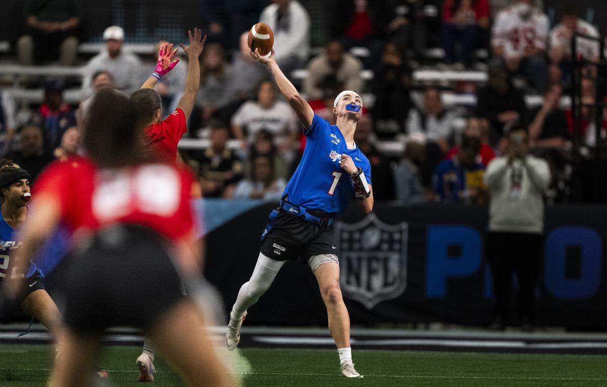 Daisy Throckmorton, a McClatchy High School senior, throws a Hail Mary pass in the final seconds as she participates in the Flag Girls High School Showcase during Super Bowl week in San Francisco on Tuesday, Feb. 3, 2026. Throckmorton pass was incomplete and her team lost 6-7.