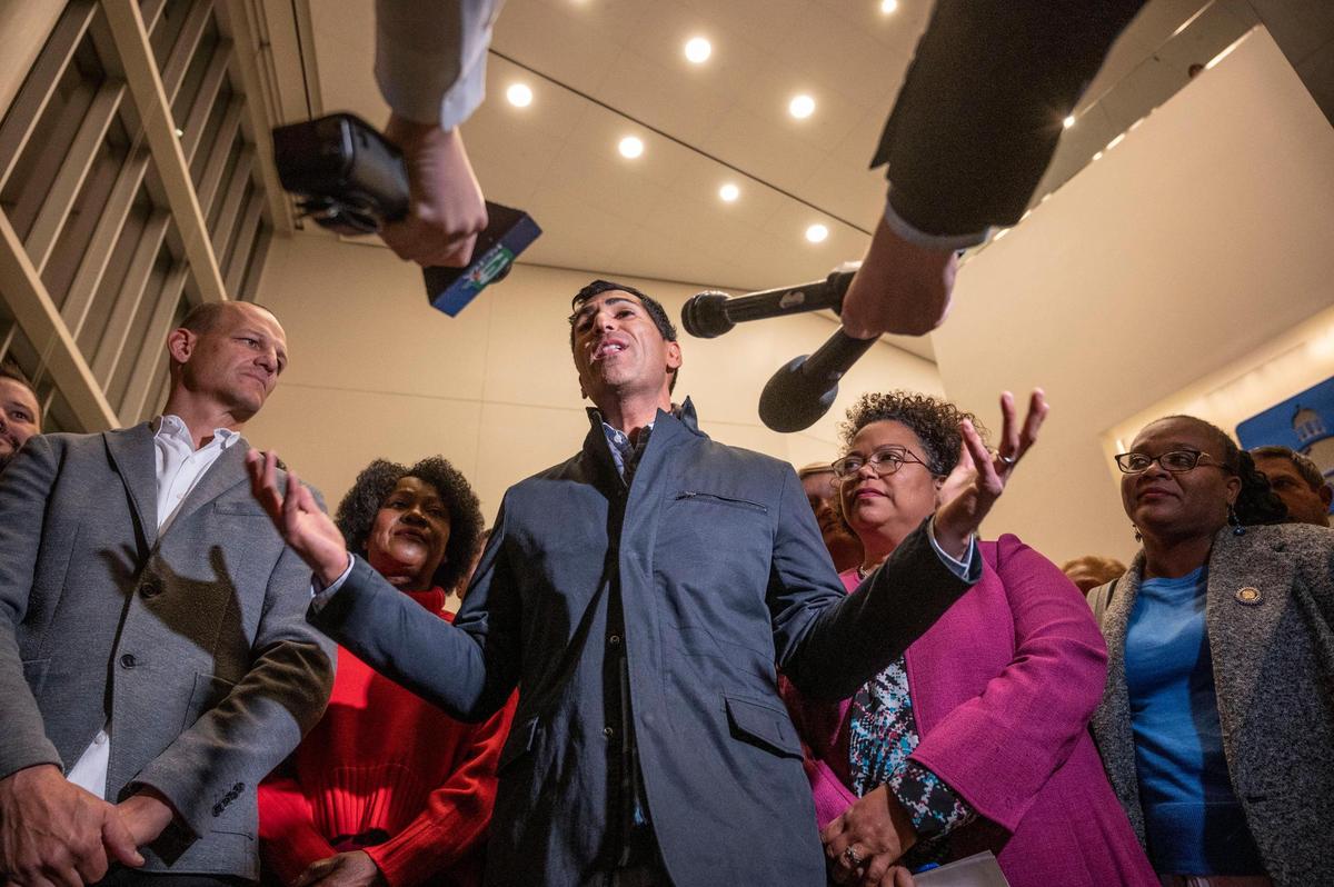 Assembly Speaker designee Robert Rivas makes a statement after he was elected speaker at a Democratic caucus meeting in November at the Convention Center in Sacramento. He will take the position June 30, 2023.
