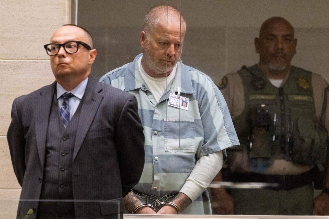 Douglas Tollefsen stands with attorney Stephen Betts during his appearance in Yolo Superior Court in Woodland on Monday, April 13, 2026. His arraignment on seven counts of murder and other charges related to the Esparto fireworks explosion has been delayed until Thursday.