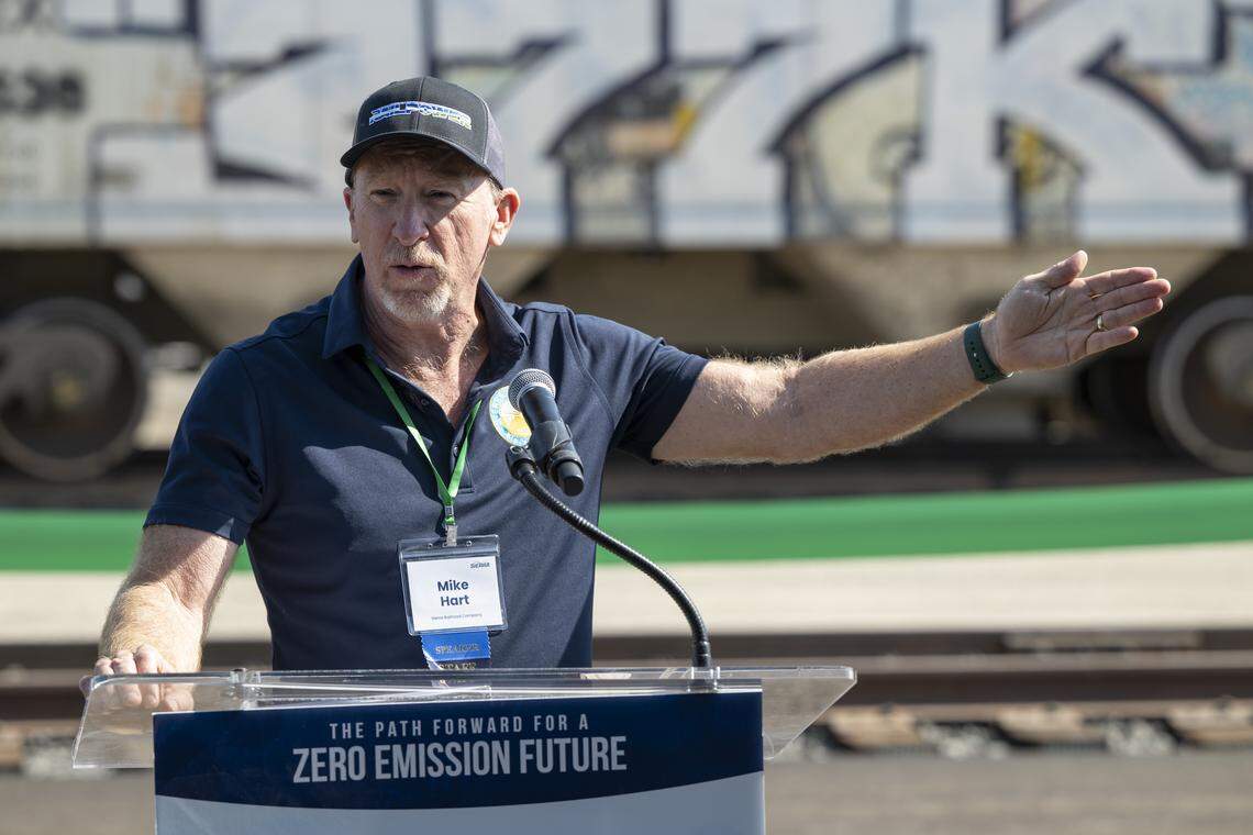 Mike Hart, CEO of Sierra Northern Railway, speaks during a press conference in West Sacramento unveiling a hydrogen-powered, zero-emission switcher locomotive on Thursday. According to Sierra Northern Railway, who developed the locomotive, it is the nation’s first of its kind.