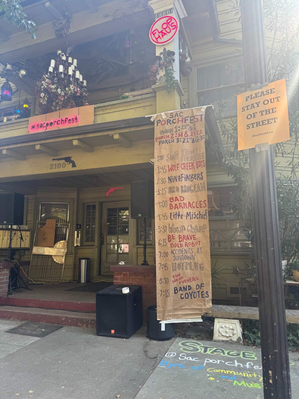 The lineup of bands at Sac Porchfest in 2025, at the Flop Haus on the corner of 21st and I streets in Midtown Sacramento.
