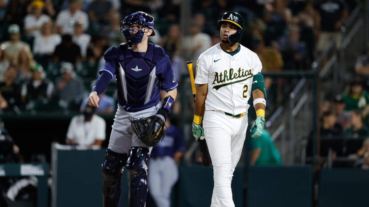 Aug 13, 2025; West Sacramento, California, USA; Athletics shortstop Darell Hernaiz (2) reacts after striking out during the seventh inning against the Tampa Bay Rays at Sutter Health Park. Mandatory Credit: Sergio Estrada-Imagn Images