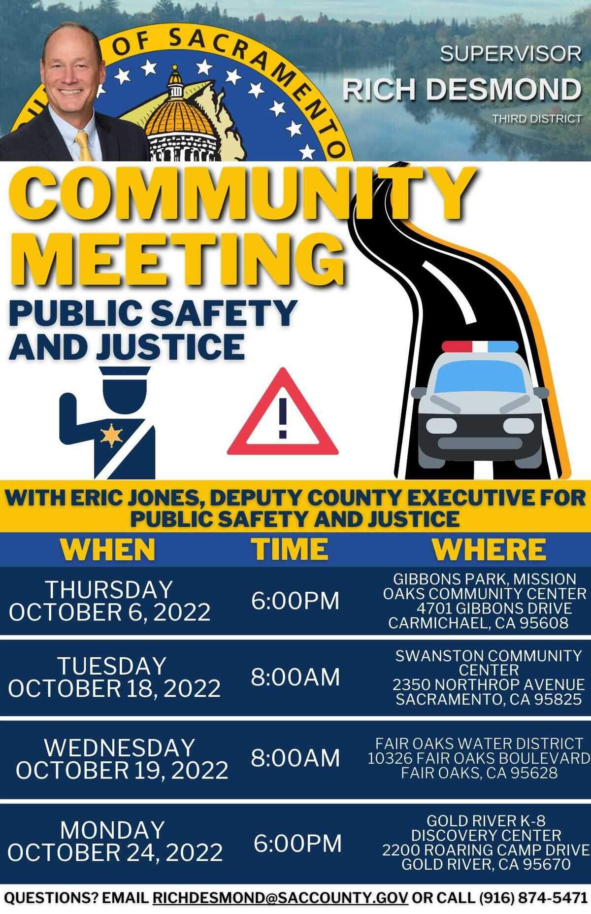 A flyer from Sacramento County Supervisor Rich Desmond highlighting a series of community meetings in his eastern suburban district during the month of October.