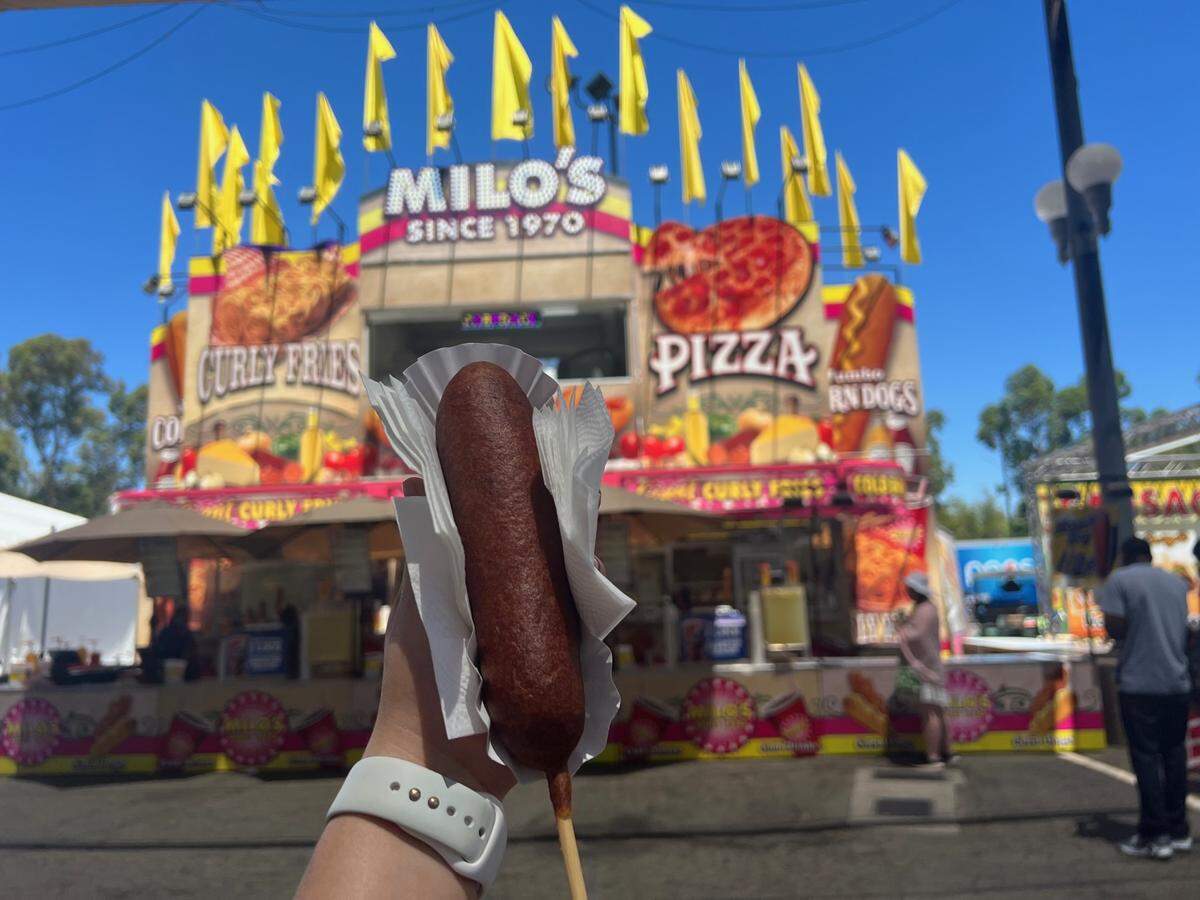 A Sac Bee reporter enjoys a jumbo corn dog from Milo’s on the State Fair’s opening day.