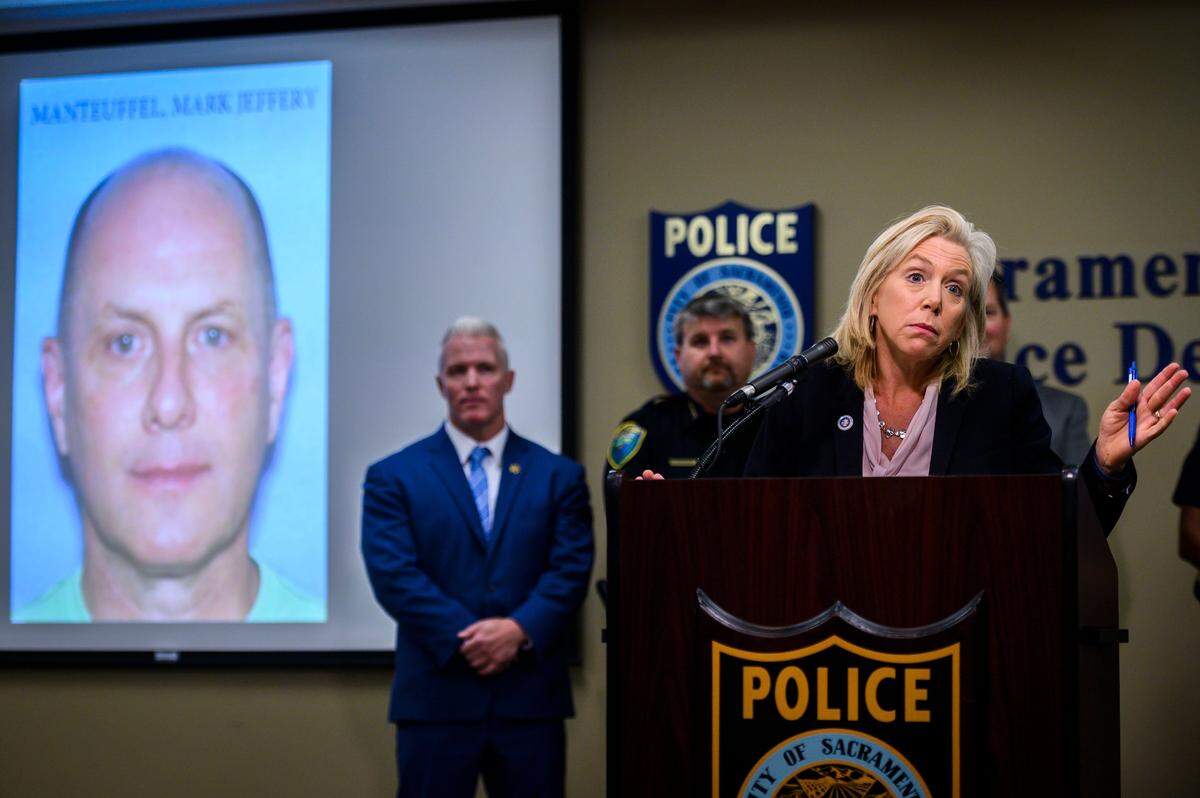 Sacramento County District Attorney Anne Marie Schubert speaks to reporters during a press conference at Sacramento Police headquarters Monday, July 1, 2019, about suspected serial rapist Mark Manteuffel. The Georgia resident, whose photograph appears at left, was arrested Friday for three violent crimes in Sacramento and Davis in the early 1990s.