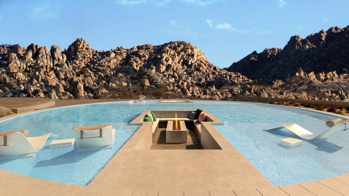 The Joshua Tree National Park home has a circular pool with a sunken firepit built in.