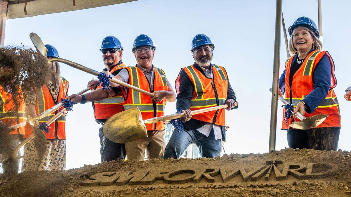 Sacramento County supervisors Phil Serna and Patrick Kennedy, left, join U.S. Rep. Ami Bera, center, and Cindy Nichol, director of airports for Sacramento County, during the Sacramento International Airport groundbreaking ceremony for the SMForward program on Monday, Aug. 5, 2024.