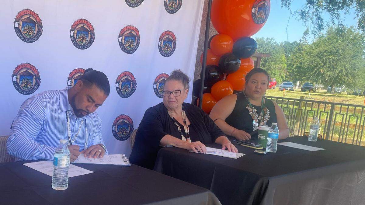 Wilton Rancheria Tribal Chairman Jesus Tarango on Monday signs a land agreement document effectively placing their land into a trust, reclaiming part of their heritage.
