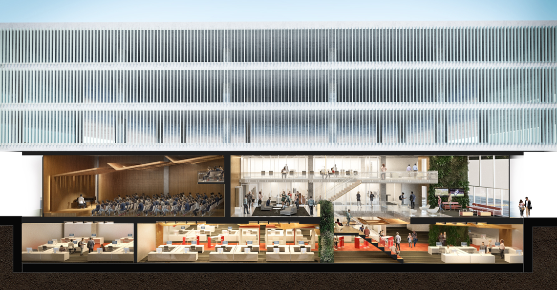 A rendering shows an image depicting an office and performance space at 1010 8th St. in downtown Sacramento. CapRadio employees never moved into 1010 8th St.