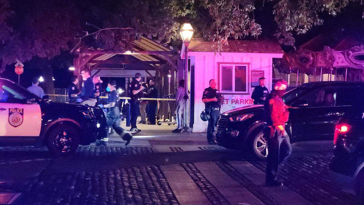 Sacramento Police officers on the scene of the fatal shooting Friday, July 16, 2021, in Old Sacramento. Cedric Salcedo and Marcus Trull, who are accused of murder, faced gun-related charges in other cases before they were arrested in a fatal shooting near the waterfront.