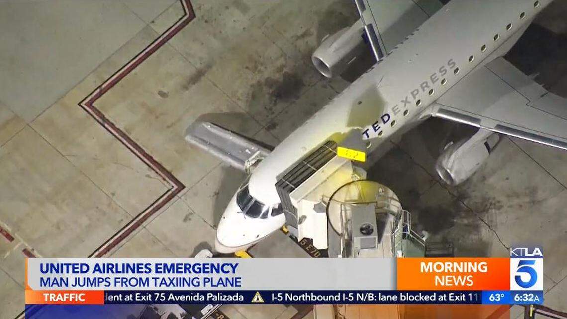 A passenger pounded on the cockpit door of a United Airlines flight at Los Angeles International Airport, then jumped out an emergency exit, officials say.