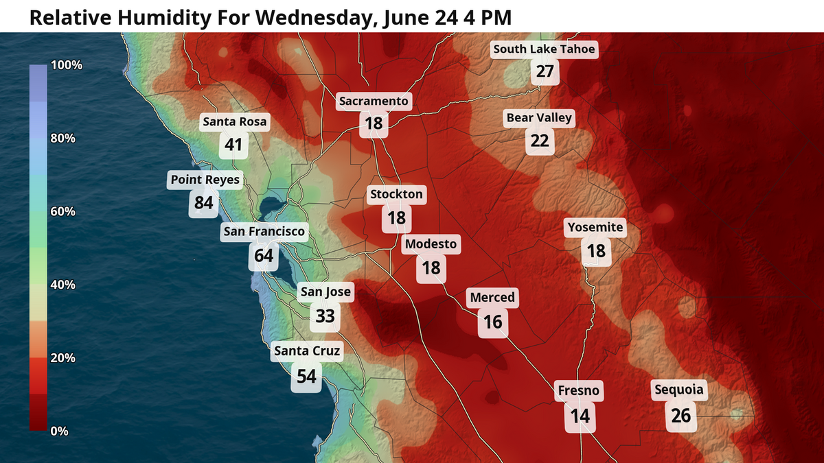 Very low relative humidity values (%) across the Central Valley on June 24, 2026