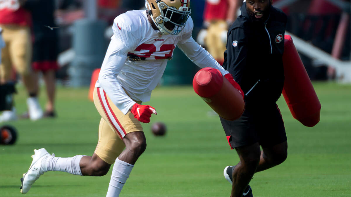 San Francisco 49ers safety Tarvarius Moore (33) runs drills during the training camp at Levi’s Stadium on Tuesday, Aug. 25, 2020 in Santa Clara.