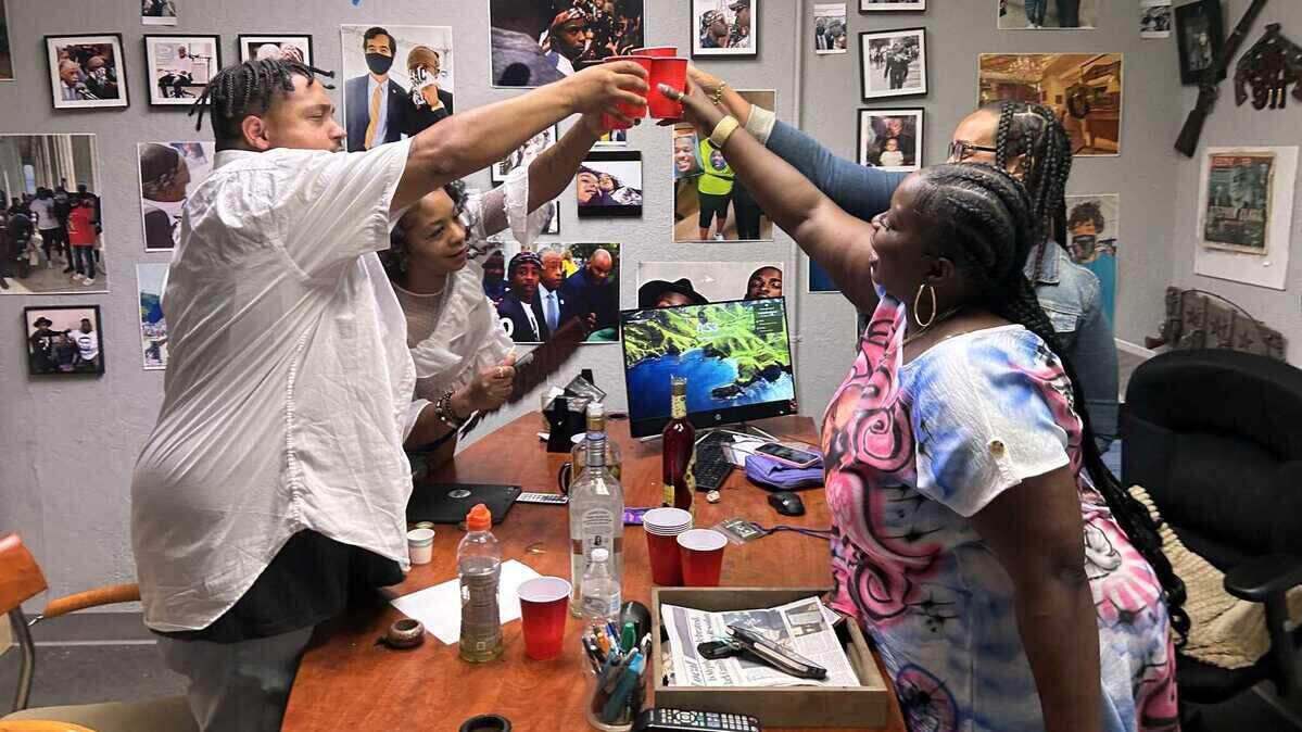 Geve Spooner, Sr., left, and Sequette “Mama” Clark, right, cheered their cups with family in honor of what should have been Stephon Clark’s 28th birthday. Spooner was a childhood best friend of Stephon, who bears a tattoo in his memory.