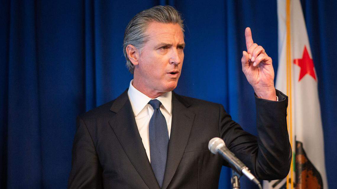 Gov. Gavin Newsom answers questions from the media Wednesday, Sept. 4, 2024, at a California Department of Justice press conference in Sacramento.