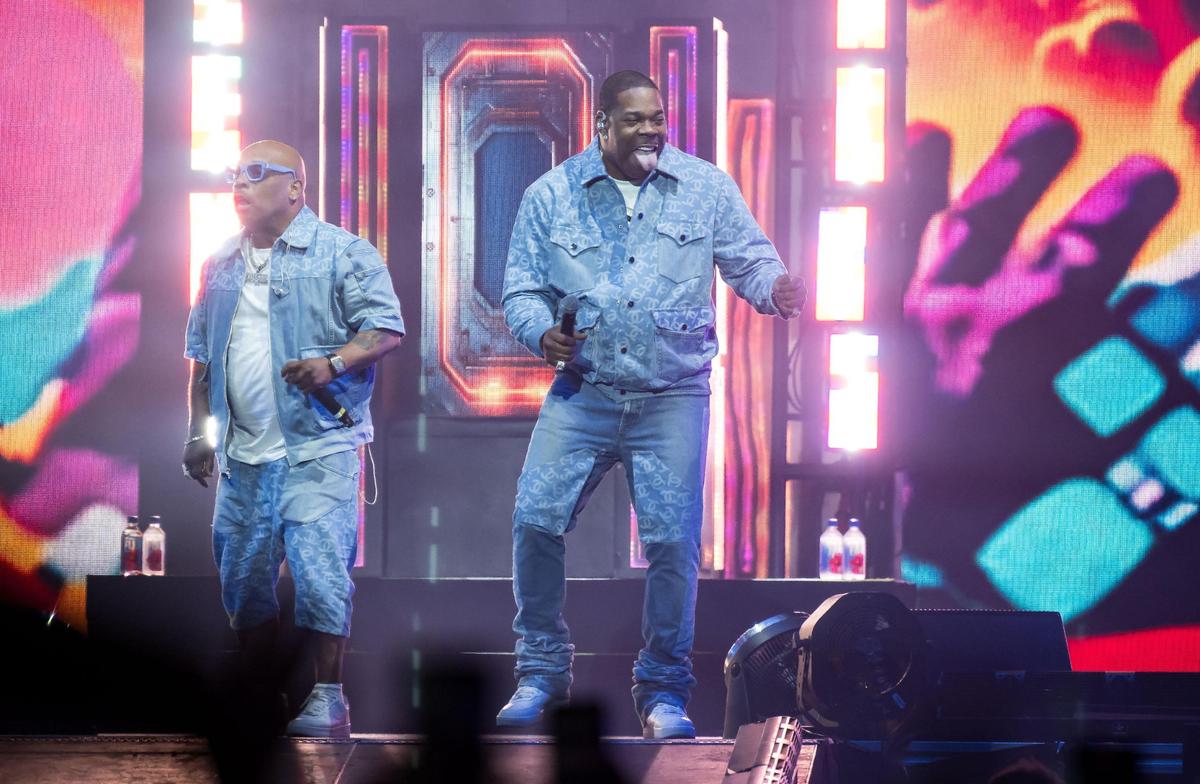 Busta Rhymes, right, accompanied by Spliff Star, performs “Put Your Hands Where My Eyes Could See” before headliner Curtis “50 Cent” Jackson on The Final Lap Tour, also featuring Jeremih, at Golden 1 Center on Monday, Sept. 4, 2023, in Sacramento. Hype man Spliff Star
