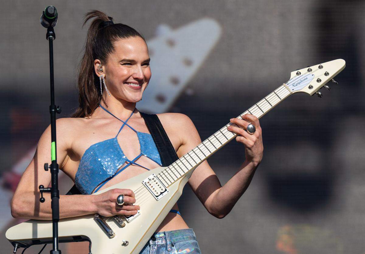 Sophie Hawley of the dance music group Sofi Tukker performs at the BottleRock music festival in Napa on Friday, May 23, 2025. 