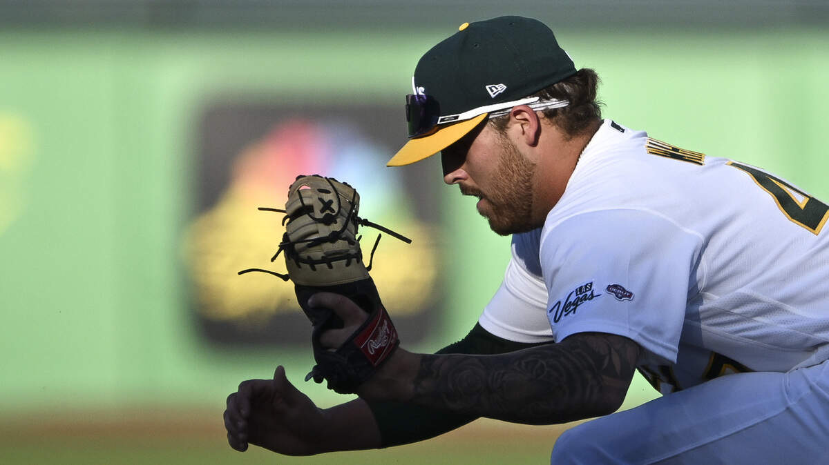 Athletics infielder Tommy White (47) makes an out at first during a game against the Washington Nationals at Sutter Health Park in West Sacramento on Friday, July 17, 2026.
