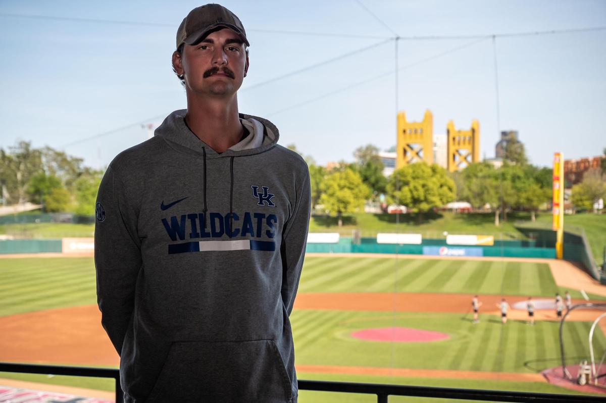 Sacramento River Cats right-handed pitcher Sean Hjelle stands Saturday at Sutter Health Park in West Sacramento on Media Day. At 6-11, Hjelle is taller than any player in MLB history.