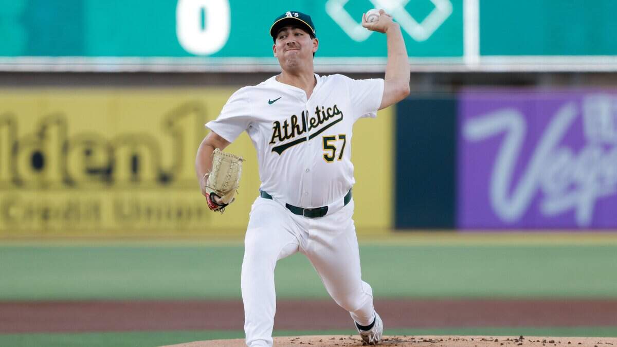 Aug 12, 2025; West Sacramento, California, USA; Athletics starting pitcher Jacob Lopez (57) throws a pitch during the first inning against the Tampa Bay Rays at Sutter Health Park. Mandatory Credit: Sergio Estrada-Imagn Images