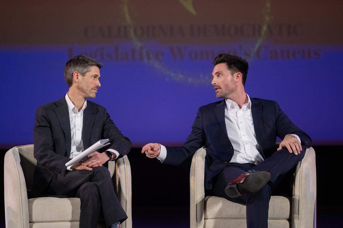 San Jose Mayor Matt Mahan, left, and Ian Calderon, former majority leader of the California Assembly, during the gubernatorial forum on Wednesday at the Crest Theatre in Sacramento.