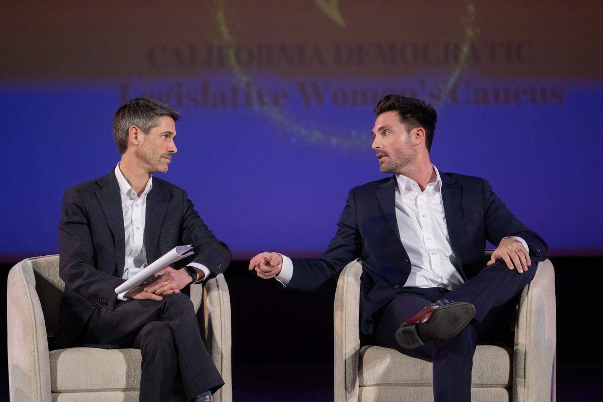 San Jose Mayor Matt Mahan, left, and Ian Calderon, former majority leader of the California Assembly, during the gubernatorial forum on Wednesday at the Crest Theatre in Sacramento.
