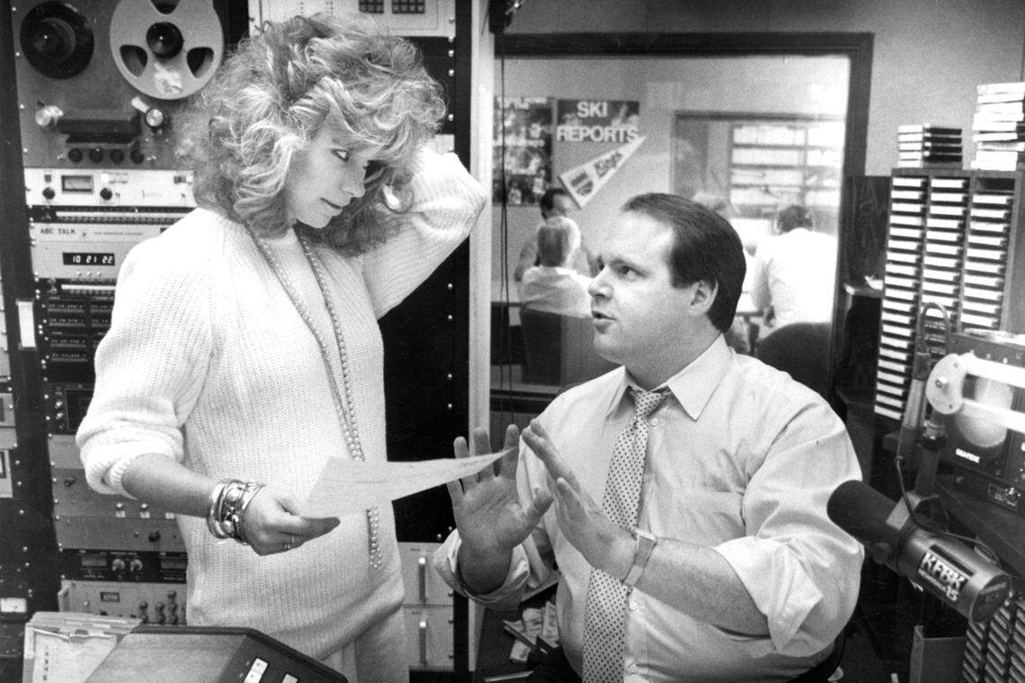 KFBK morning show host Rush Limbaugh, 35, talks with producer Kitty O’Neal, who screens calls for the show, in August 1986. “Sacramento is a feeder market,” he told The Bee. “It is not my final resting place. Everything I’m doing is designed to hold on. Someday, I’d love to be in Washington, D.C.”