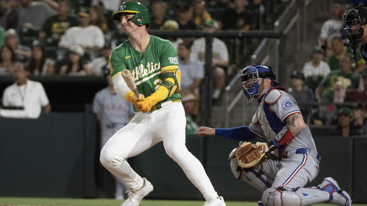 Athletics outfielder Brent Rooker grounds out in the eighth inning during a game against the Texas Rangers at Sutter Health Park on Aug. 29, 2025, in West Sacramento. Rooker will miss the rest of the 2026 season with a cartilege tear in his left knee, A’s manager Mark Kotsay said Wednesday.