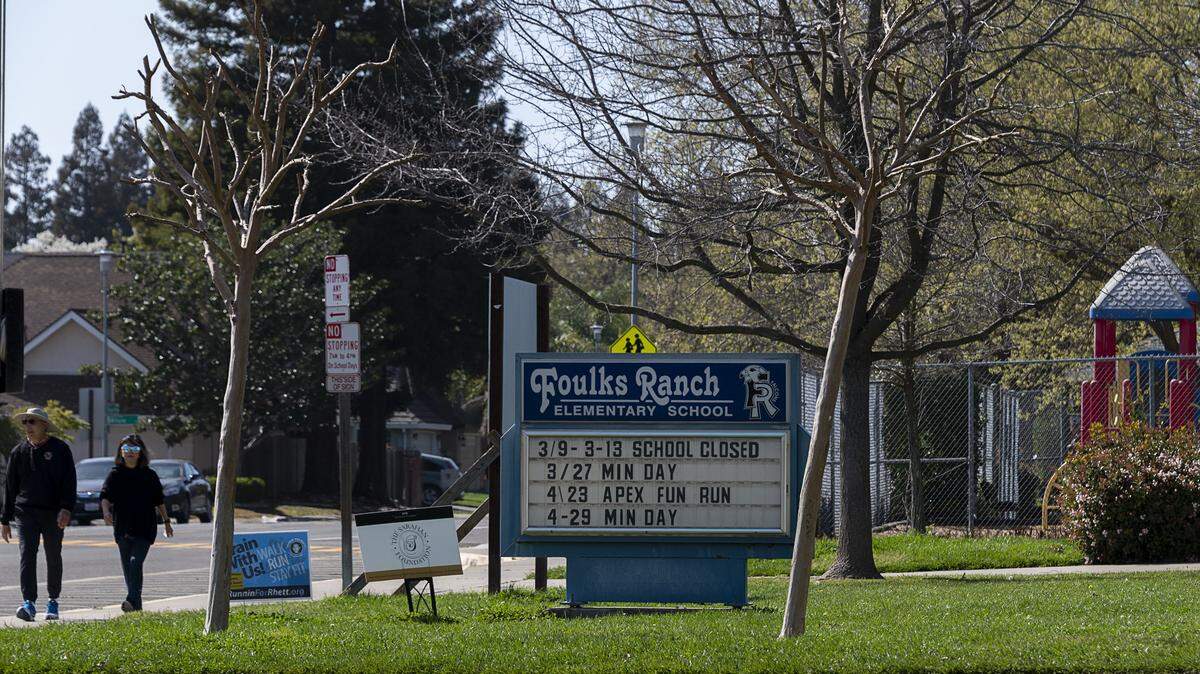 Foulks Ranch Elementary School in the Elk Grove Unified School District seen in March, when the pandemic forced the shutdown of school campuses. Elk Grove announced Monday that many of its schools may reopen by mid-November.
