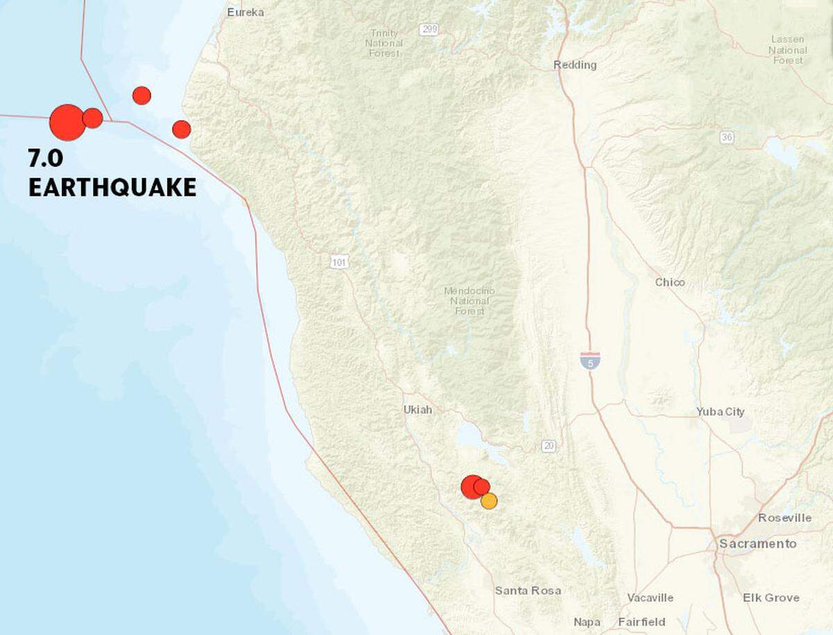 A map of today’s earthquakes shows the location of a 7.0 magnitude event that occured at 10:44 a.m. off the Northern California coast. A smaller 5.8 quake occured minutes later near the community of Cobb in Lake County.