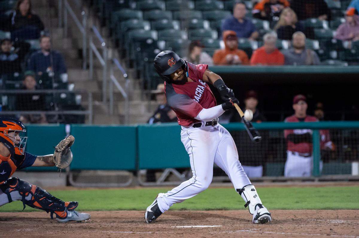 Sacramento River Cats outfielder Heliot Ramos bats in the bottom of the eighth inning at the home opener against the Sugar Land Space Cowboys on Tuesday, April 5, 2022, at Sutter Health Park in West Sacramento. Ramos had four at-bats, with one hit, two RBIs and one home run. The River Cats won 7-6.