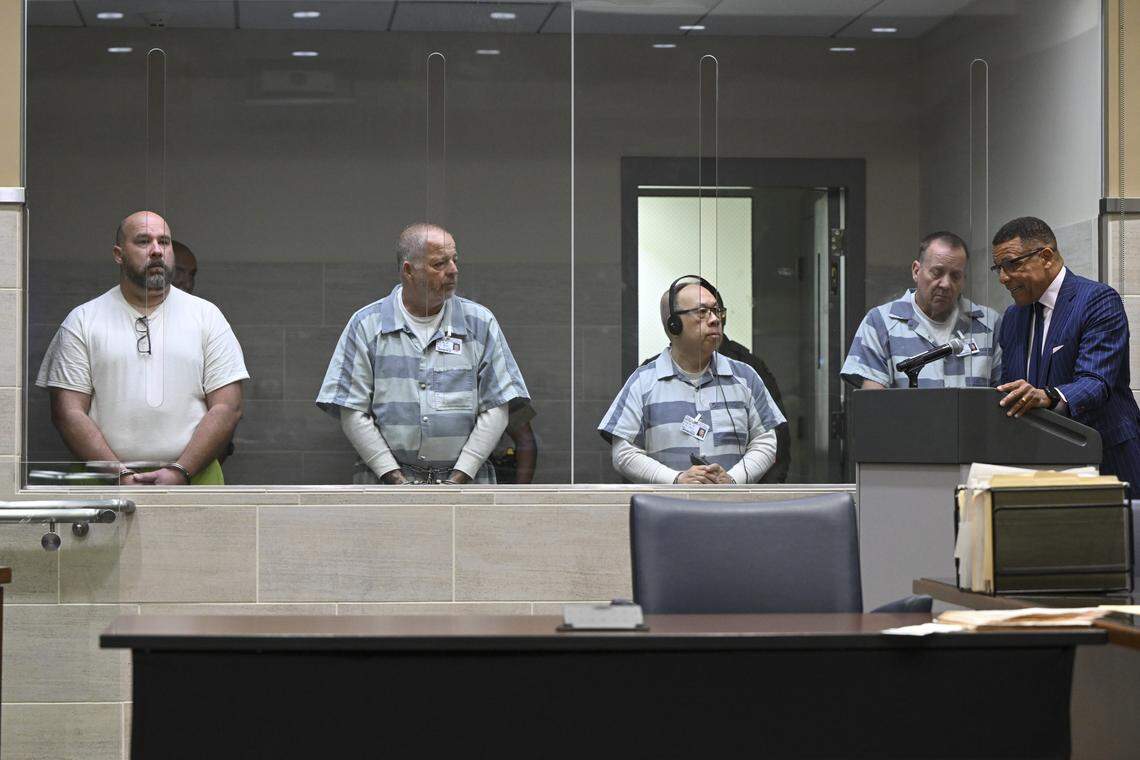 From left, defendants Sam Machado, Douglas Tollefsen, Jack Ying Lee, and Craig Allen Cutright appear in Yolo Superior Court in Woodland on Thursday, April 16, 2026, for their arraignment. Tollefsen, operations manager of Devastating Pyrotechnics; Lee, show producer; Cutright; and Machado, a former Yolo County sheriff’s deputy, face seven counts of murder and other charges in connection with the Esparto fireworks explosion.