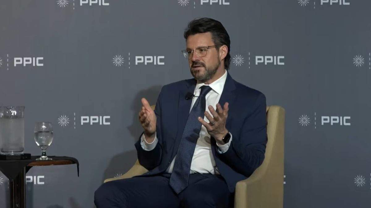 Legislative Analyst Gabriel Petek speaks during a Public Policy Institute of California luncheon in Sacramento on Dec. 9, 2025.