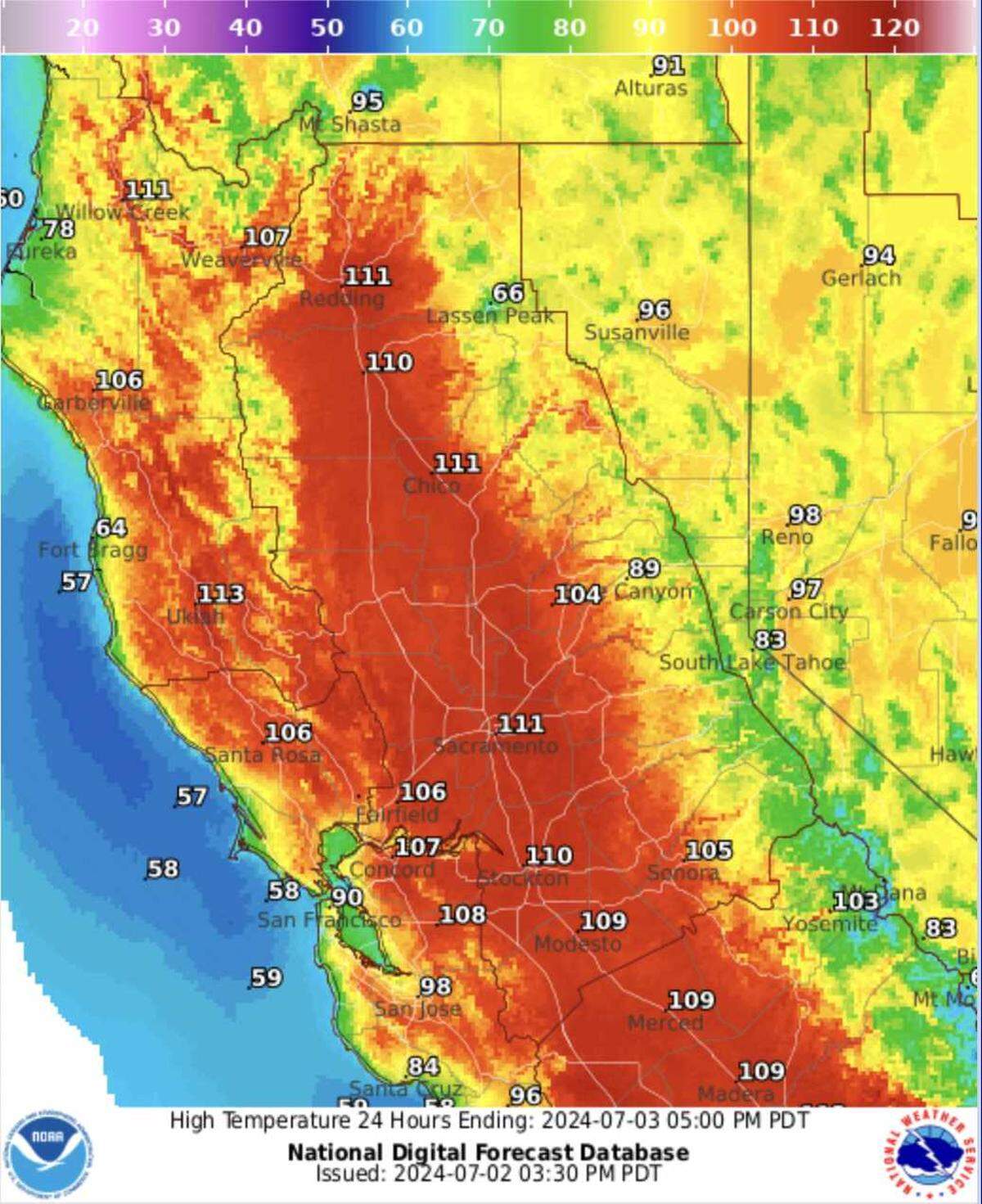 The Sacramento area will reach a high of 111 degrees on Wednesday, according to a forecast by the National Weather Service.