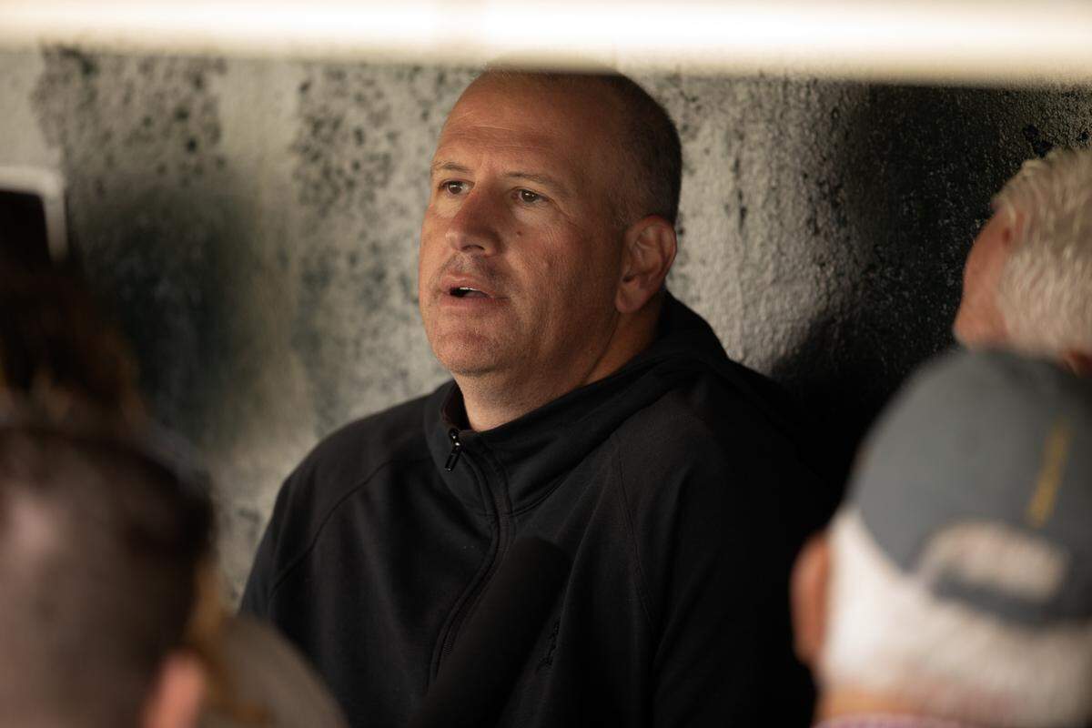 May 16, 2025; San Francisco, California, USA; Athletics General Manager David Forst talks to the media before their game against the San Francisco Giants at Oracle Park. Mandatory Credit: D. Ross Cameron-Imagn Images