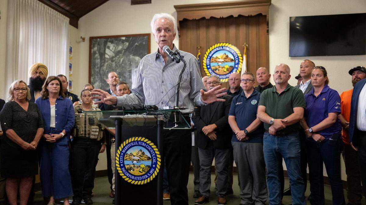 Marysville Mayor Chris Branscum addresses reporters on Friday, June 21, 2024 after declaring a state of emergency due to a fire that destroyed Hotel Marysville. A man pleaded no contest Friday to attacking Branscum and another councilman.